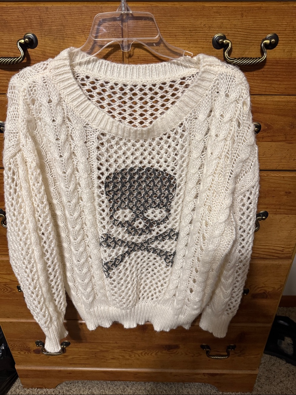 Women’s Cream Cable Knit Sweater with Skull Motif